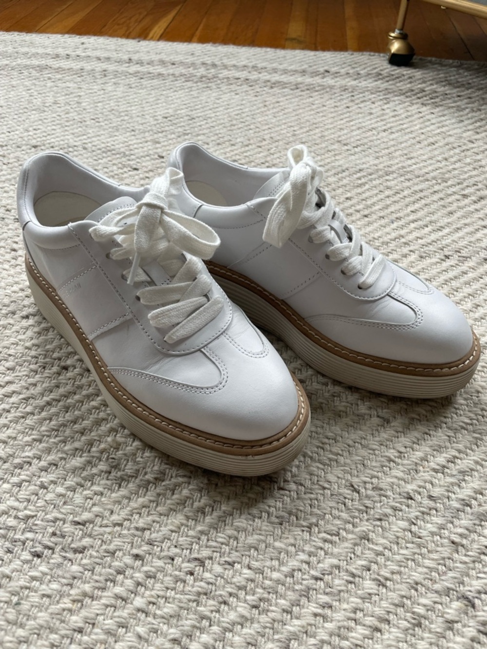 Cole Haan White Leather Platform Sneakers with Tan Trim